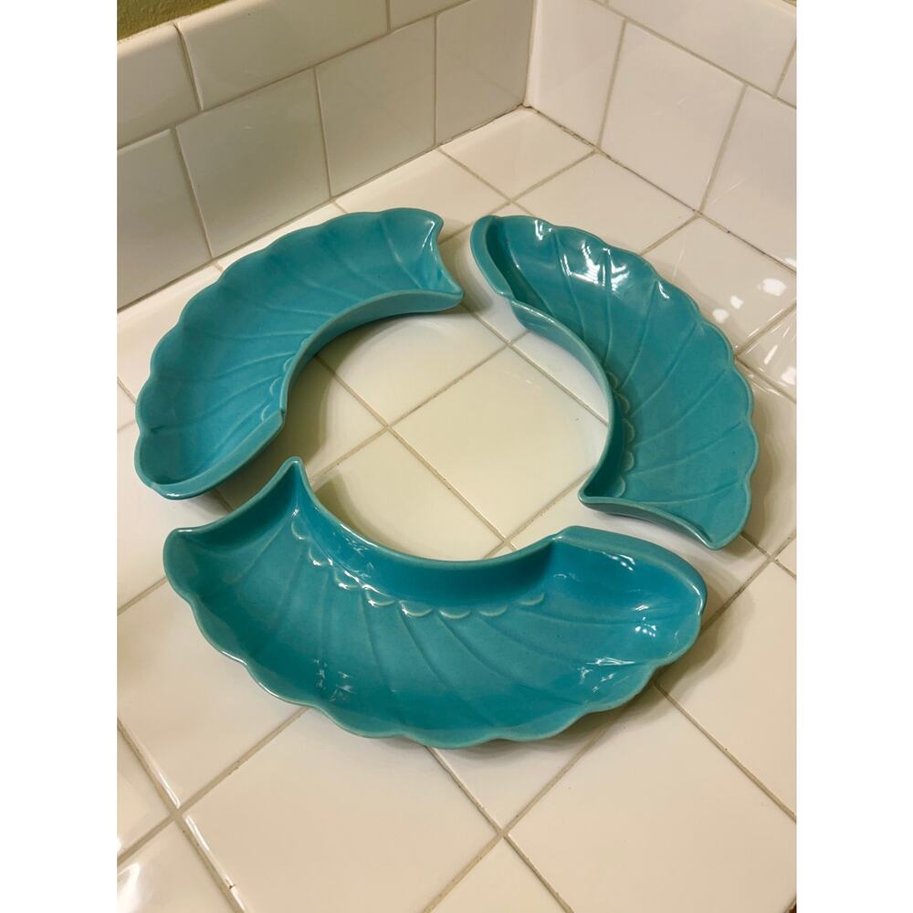 Vtg California Pottery Turquoise Blue Lazy Susan Tidbit Trays Set Of 3 MCM Beach